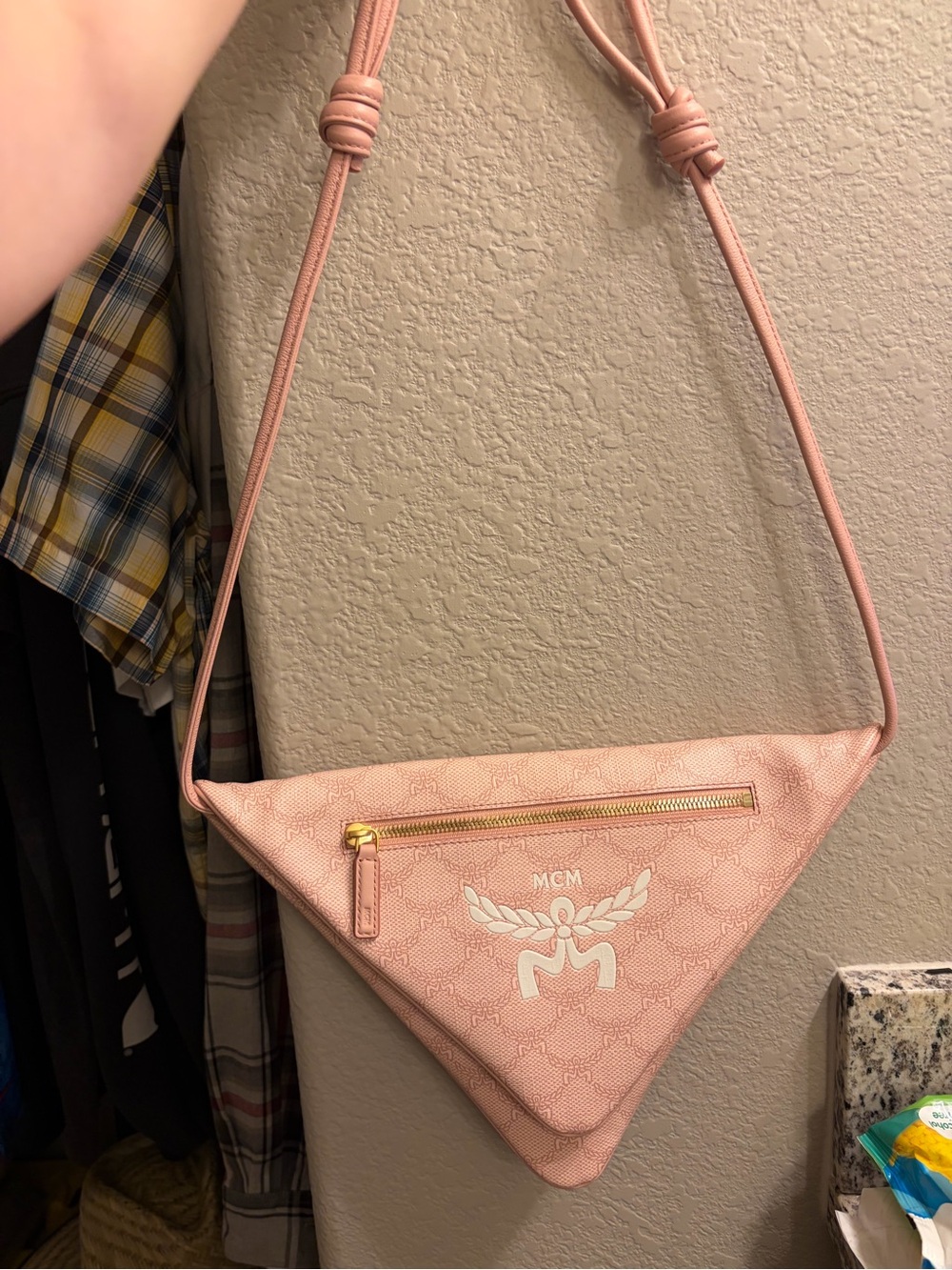 MCM Pink Triangle Leather Crossbody with Gold Hardware, NWT, comes w/ COA